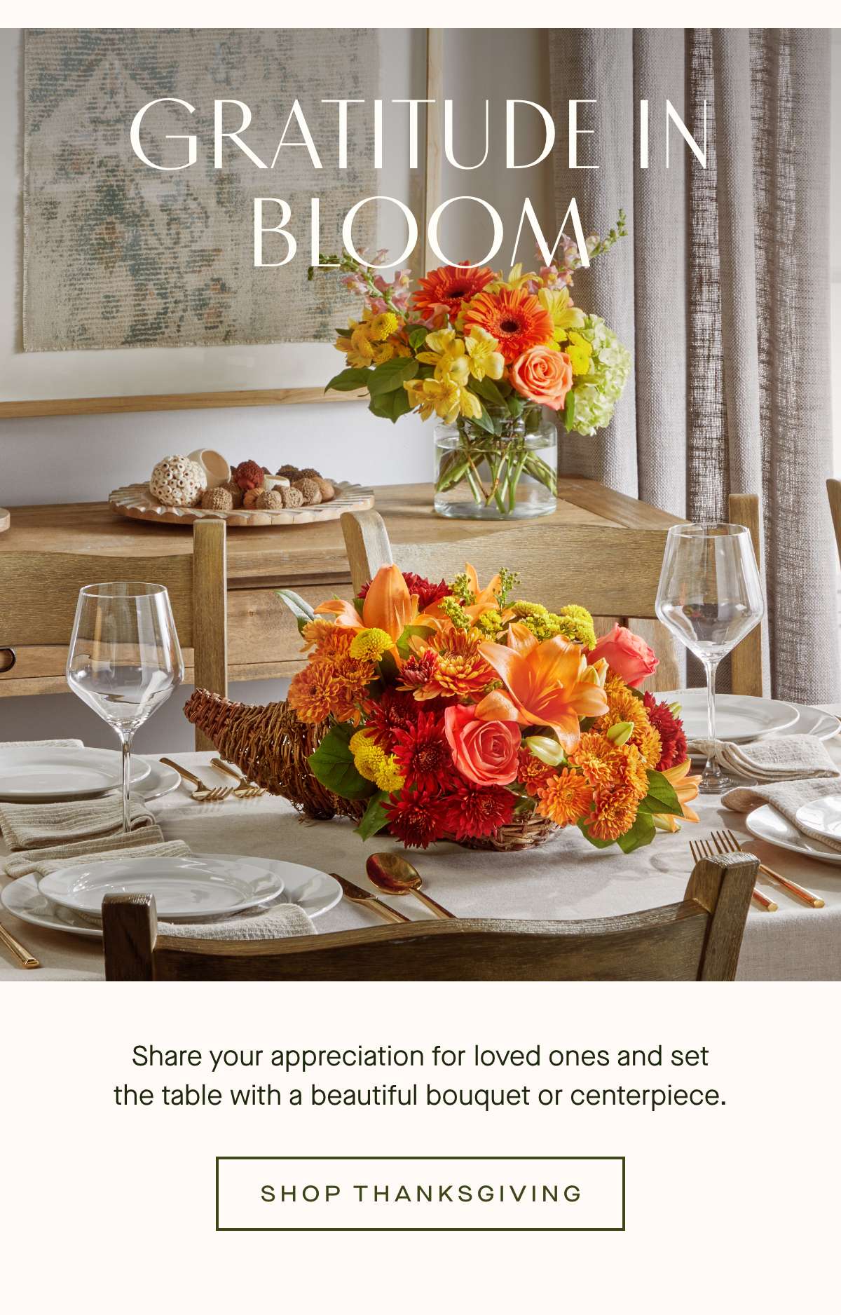 GRATITUDE IN BLOOM - Share your appreciation for loved ones and set the table with a beautiful bouquet or centerpiece. SHOP THANKSGIVING »